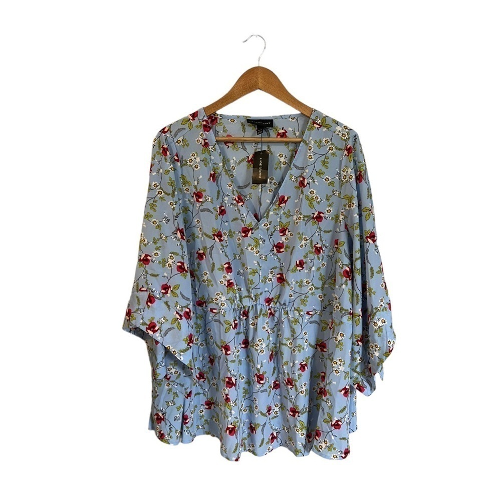 Lane Bryant Blue Floral Print Cinched Waist V Neck Wide Sleeves 18/20 NWT